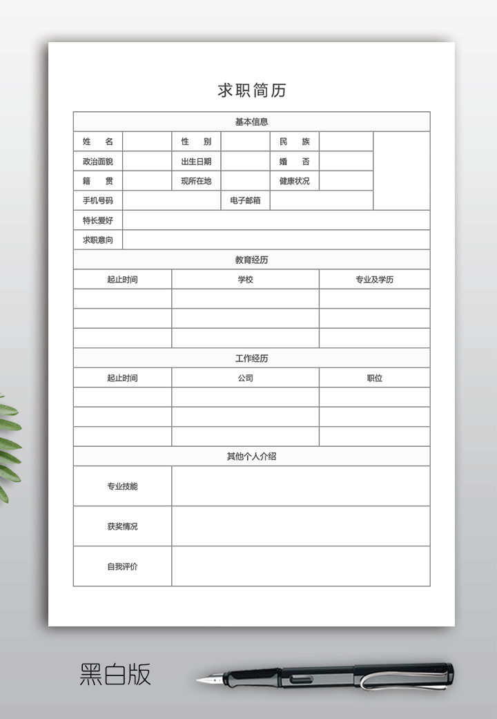 空白求职简历表格下载qzjl18-黑白版【图】