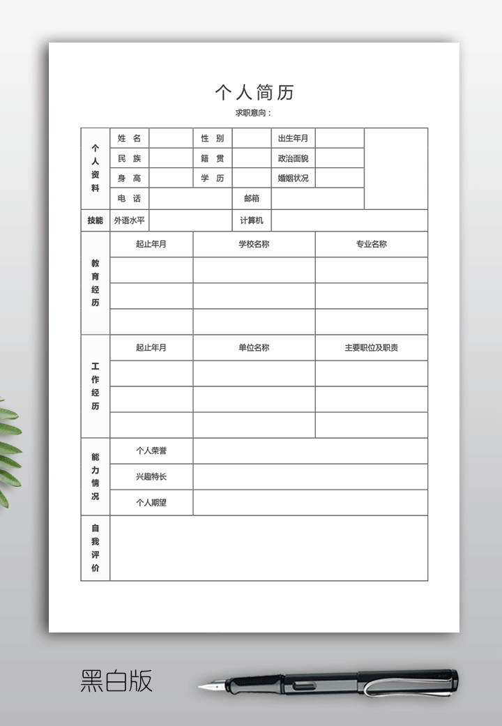 教师个人简历表格下载bg10-黑白版【图】