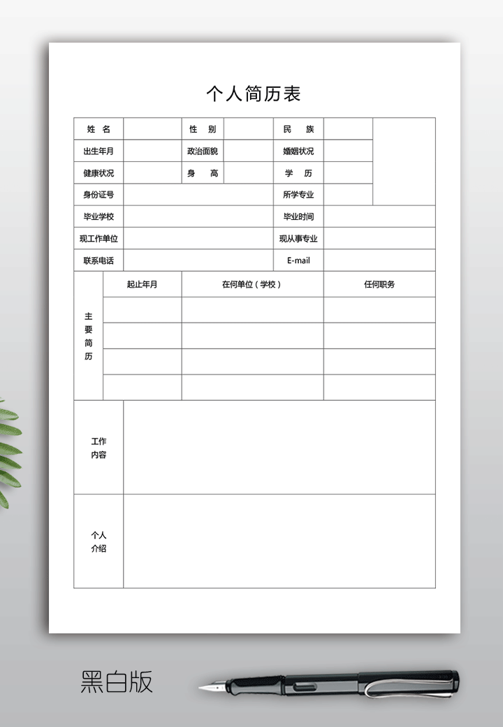 个人简历模板空白表格下载bg16-黑白版【图】