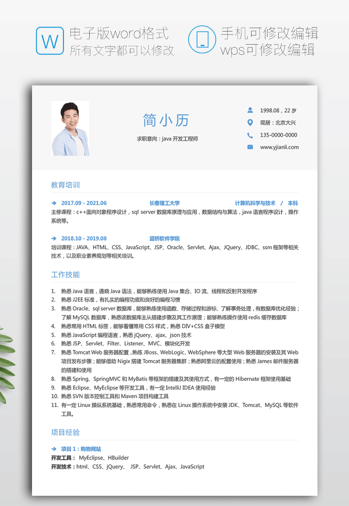 java软件开发个人简历模板下载jl109-第一页详情【图】