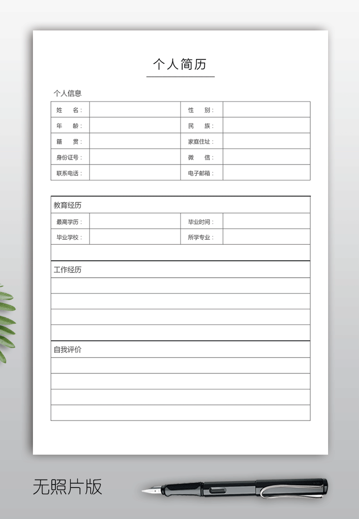 无照片空白个人简历表格模板sj24-无照片版【图】