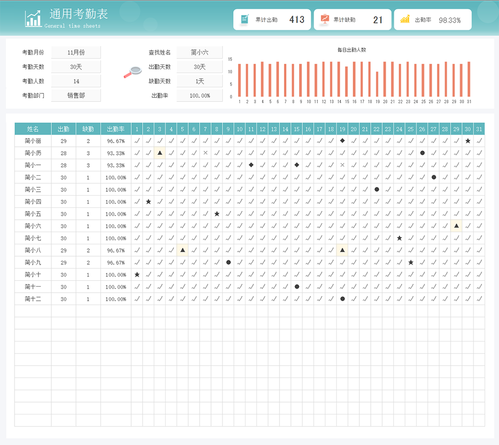 通用考勤表自动统计出勤和休假et24详情图【图】