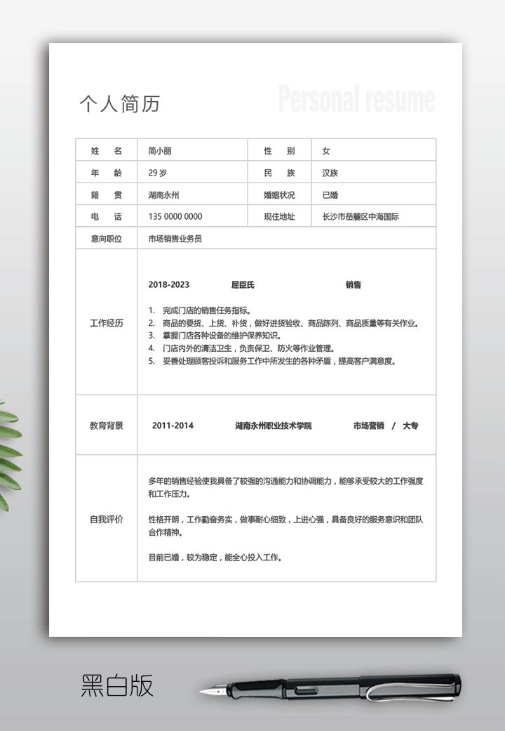 门店销售工作简历表格模板gz32黑白版【图】