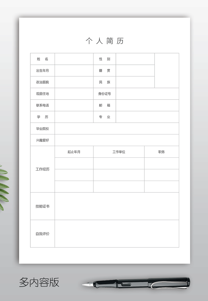 空白工作简历表格模板bg41多内容版【图】