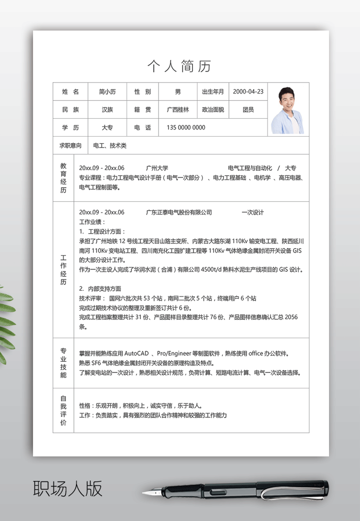 电工技工进厂个人简历表模板下载bg42-职场人版【图】