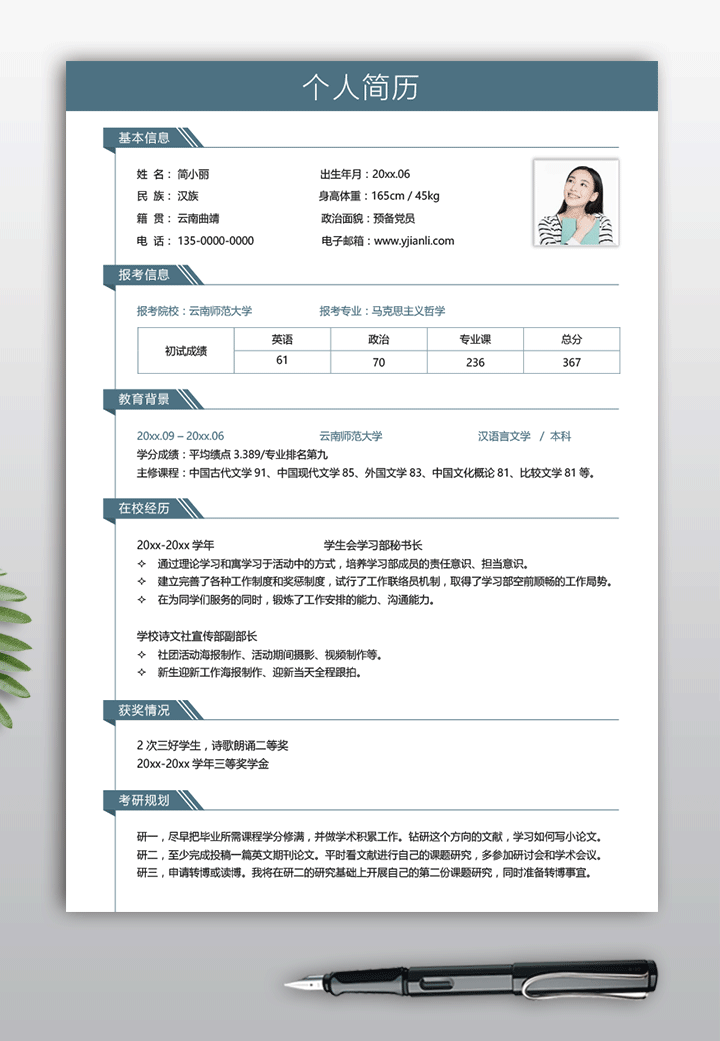 汉语言文学专业考研复试简历模板ky07简历详情【图】